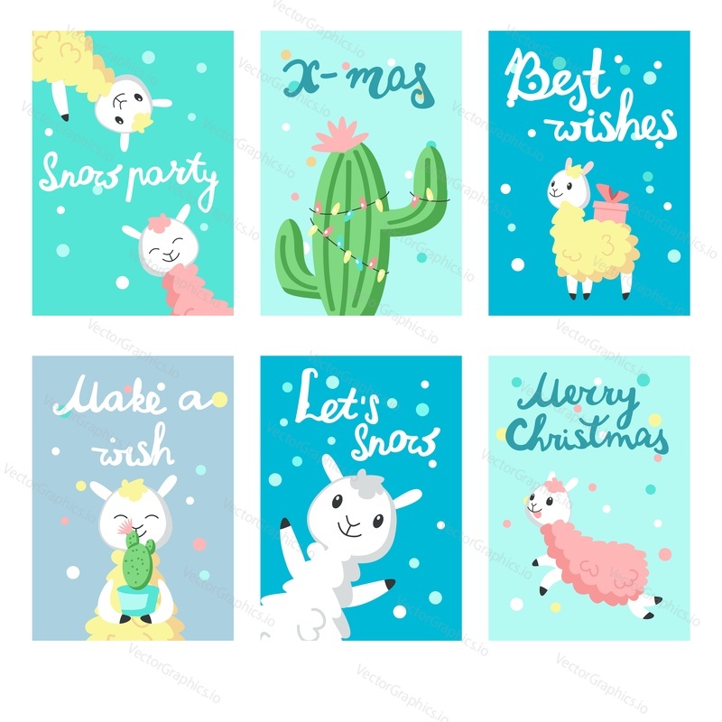 Cute alpaca Christmas greeting cards. Merry Christmas card vector templates for kids with snowflakes, funny color llamas with cactuses, gift boxes, handwritten text.