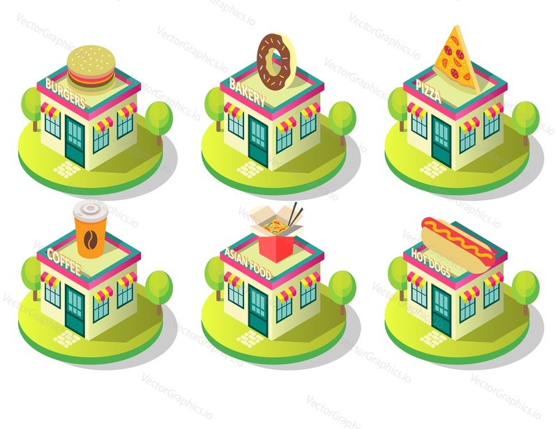 Public catering building icon set. Vector isometric illustration of different food establishments cafe, shop, restaurant buildings exterior view. Bakery burgers pizza coffee hotdogs and asian food.