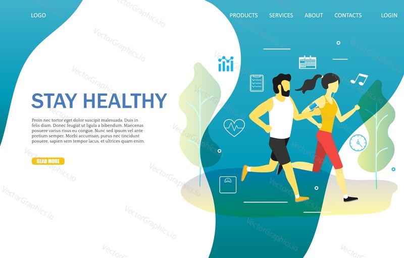 Stay healthy landing page website template. Vector illustration of running man and woman. Fitness couple training outdoors, jogging in the park. Active and healthy lifestyle.