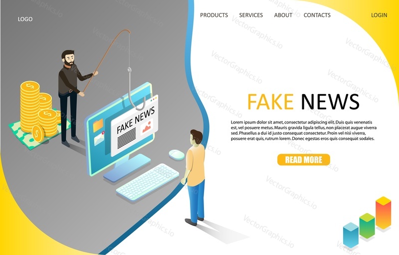 Fake news landing page website template. Vector isometric illustration. Disinformation or hoaxes spread via online social media or fake news websites.