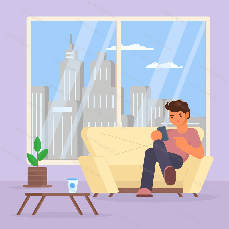 Vector illustration of young man with smartphone sitting on sofa in living room. Flat style design.