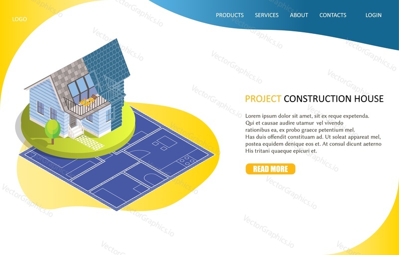 Project construction house landing page website template. Vector isometric residential building placed on blueprint, floor plan, architectural project.