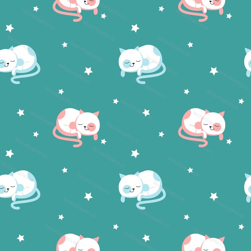Funny cats vector seamless pattern. Creative design for fabric, textile, wallpaper, wrapping paper with cute sleeping cats.