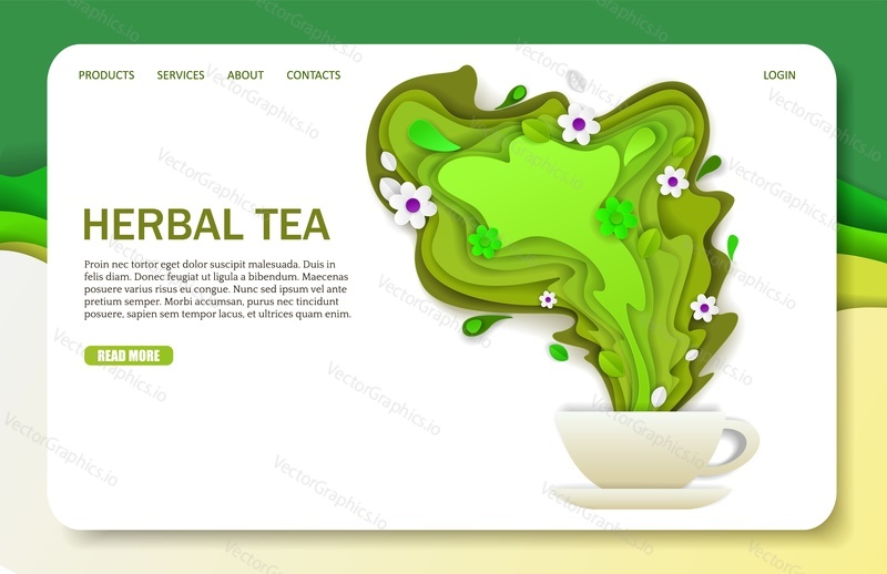 Шаблон веб-сайта целевой страницы для травяного чая. Векторная вырезанная из бумаги керамическая чашка с пролитым ароматным зеленым чаем и цветами.