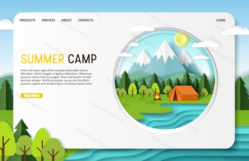 Summer camp landing page website template. Vector paper cut illustration of campfire and tent near lake on forest and mountain background. Summer camping, hiking, trekking concept.