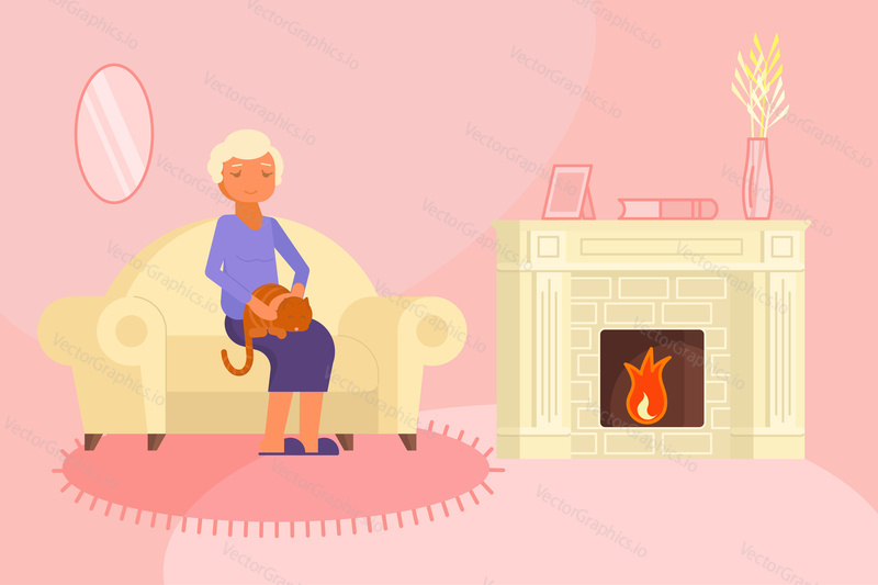 Vector illustration of senior woman with cat sitting on sofa at fireplace in living room. Flat style design.