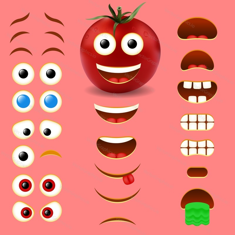 Tomato male emoji maker, smiley creator. Vector design collection of emoticon body parts for your own cool emoji creation.
