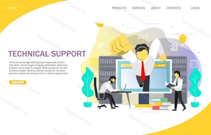 Technical support landing page website template. Vector flat illustration. Call centre, online customer support service, feedback concept.