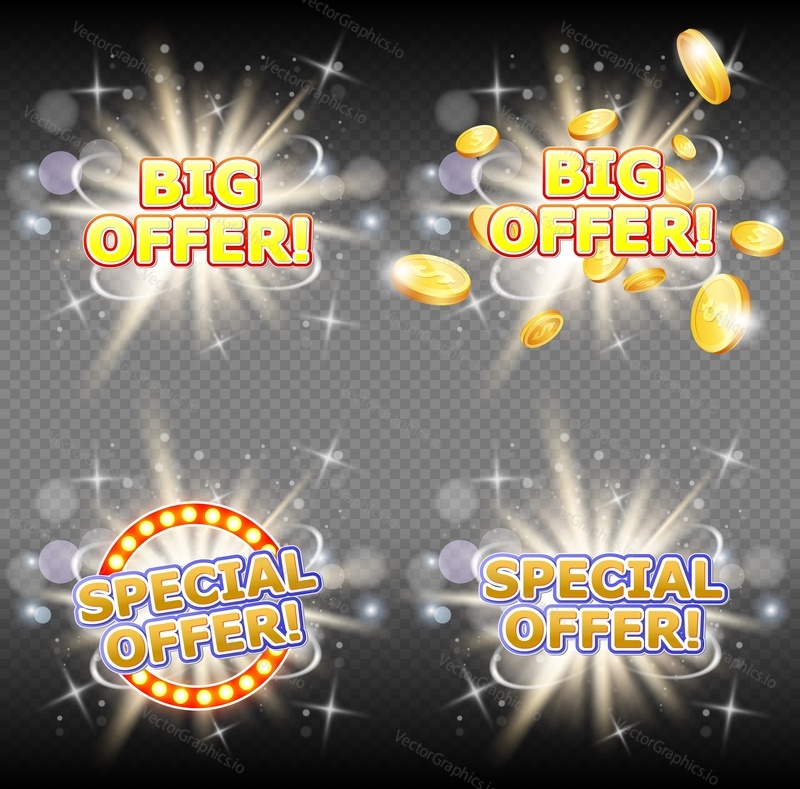 Big and special offer vector banner set. Sale and discounts promotional signs on transparent background. Sales concept.
