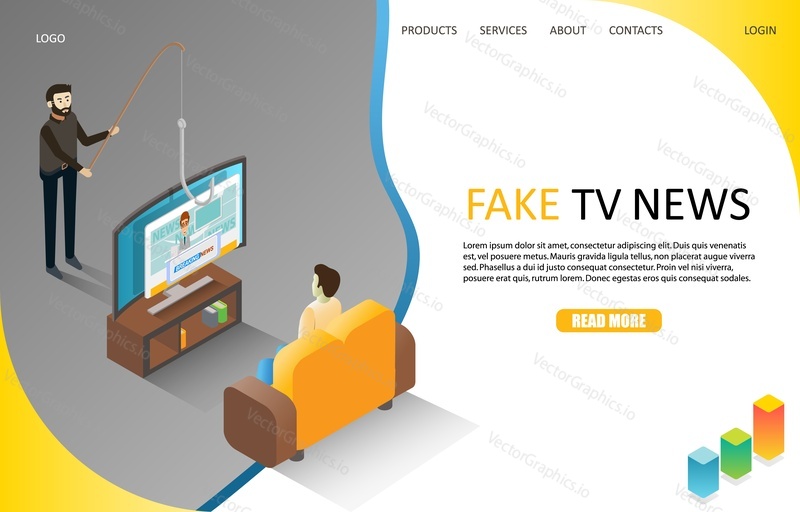 Fake live breaking tv news landing page website template. Vector isometric illustration. Disinformation or hoaxes spread via traditional broadcast news media. Yellow journalism or propaganda concept.