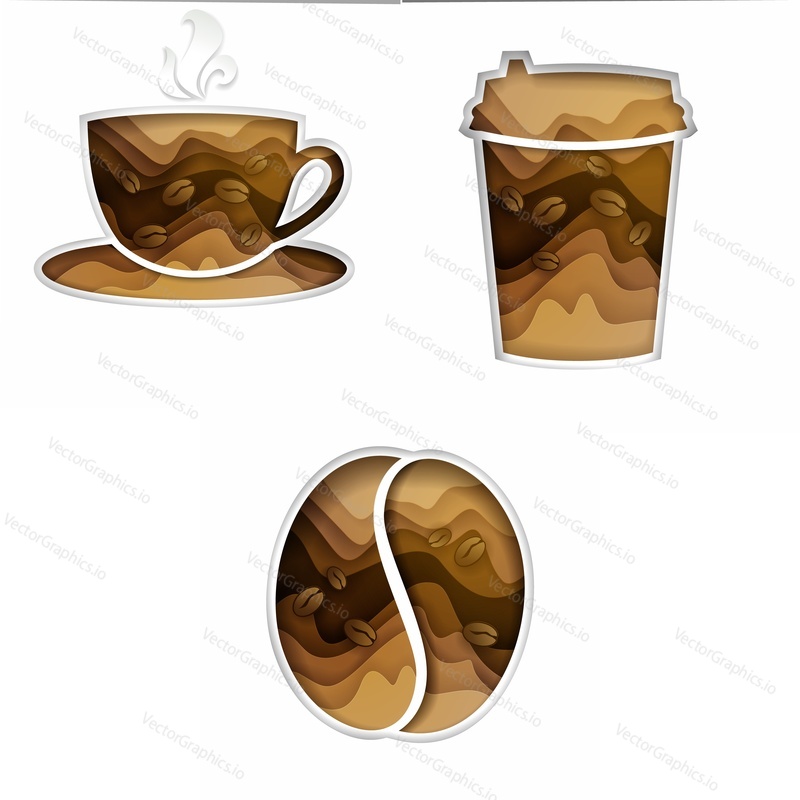 Paper cut coffee set. Vector illustration of coffee cup, disposable cup and coffee bean isolated on white background.