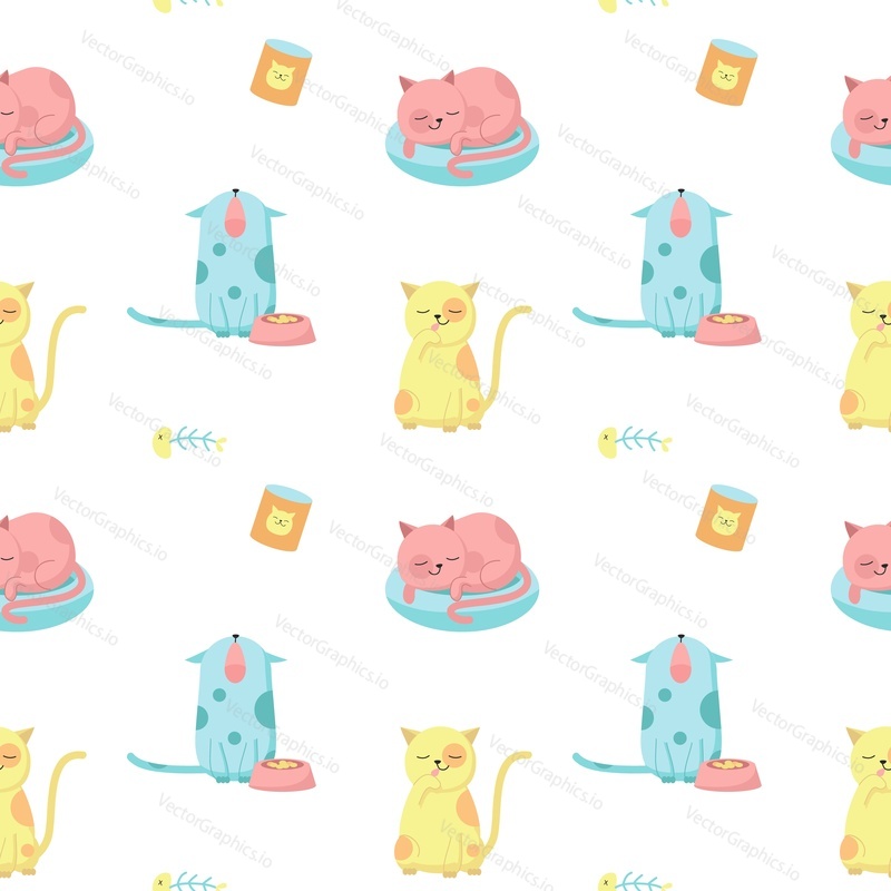 Funny cats vector seamless pattern. Creative design for fabric, textile, wallpaper, wrapping paper with cute happy cats licking, sleeping, meowing.