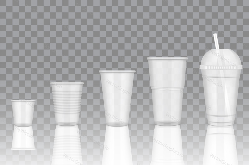 Empty transparent disposable plastic cup mockup set. Vector realistic illustration of different plastic cups with lid, drinking straw and without them isolated on transparent background.