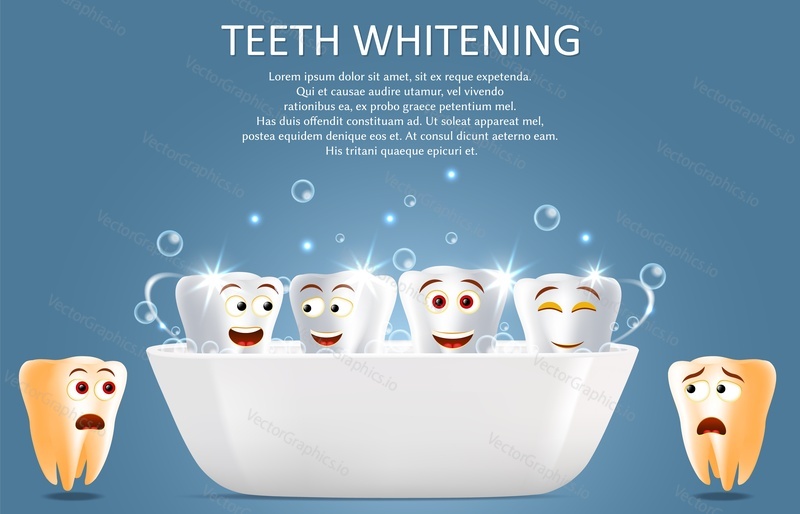 Teeth whitening vector poster banner template. Funny sad and happy cartoon teeth before and after whitening. Cosmetic dental procedure concept.