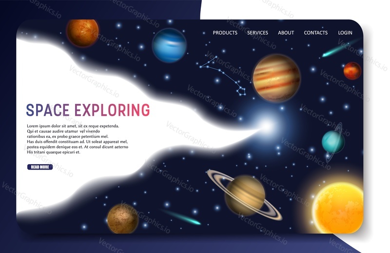 Space exploring landing page website template. Vector illustration of solar system planets, stars, comets, constellation. Space trip, cosmos exploration concept.
