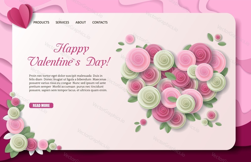 Happy Valentines Day landing page website template. Vector paper cut pink roses in heart shape.