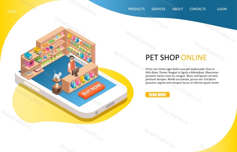 Pet shop online landing page website template. Vector isometric smartphone with pet store and salesman. Online shopping, e-commerce concept.