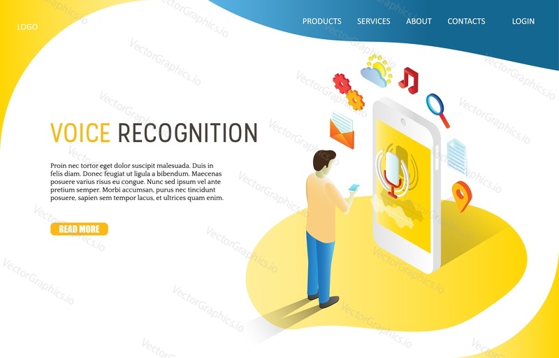 Voice recognition landing page website template. Vector isometric illustration of man using voice-controlled digital assistant on his smartphone. Human interaction with speech recognition technology.