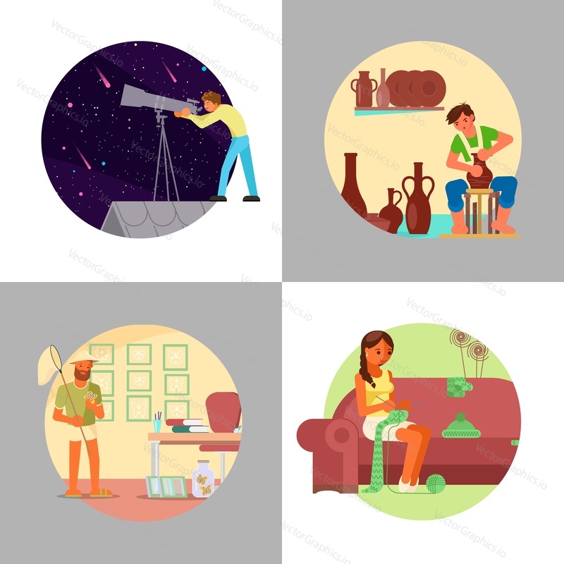 People enjoying their hobbies vector flat illustration. Astronomy, pottery, butterfly collection and handicraft knitting. Science, collecting insects, arts and craft hobbies.