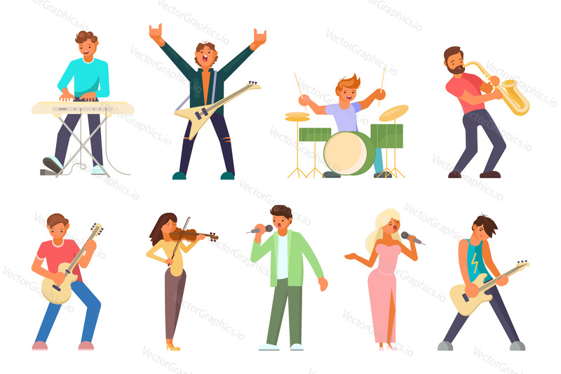 Musician and singer icon set. Vector flat style design illustration of musicians males and females playing guitar, drum, piano, saxophone, violin and singers singing songs isolated on white background