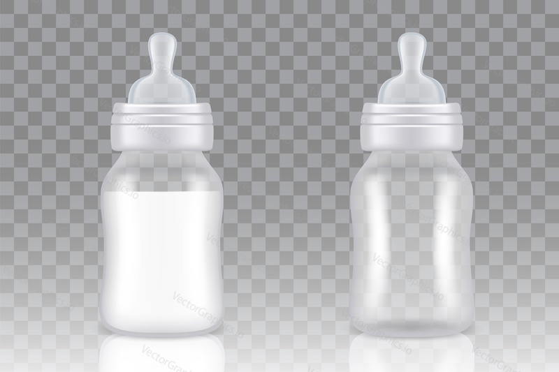 Baby bottle mock up set. Vector realistic illustration of filled and empty newborn baby milk bottles with silicone nipples isolated on transparent background.
