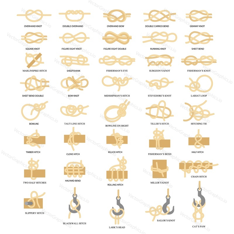 Набор значков морского узла. Узлы парусной веревки векторная иллюстрация дизайна в плоском стиле, изолированная на белом фоне.
