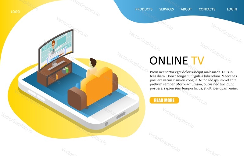 Online TV landing page website template. Vector isometric smartphone with man watching breaking news on tv while sitting on sofa.