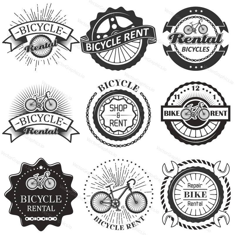 Bike rental badge label logo set. Vector monochrome illustration in retro style. Bicycle rent, shop and repair typography.