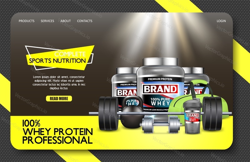 Complete sports nutrition landing page website template. Vector realistic illustration. Nutritional supplements whey protein product brand. Fitness and healthy lifestyle concept.