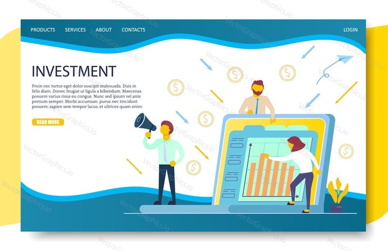 Investment landing page website template. Vector illustration. Business team searching for investor to fund new business. Crowdfunding concept.