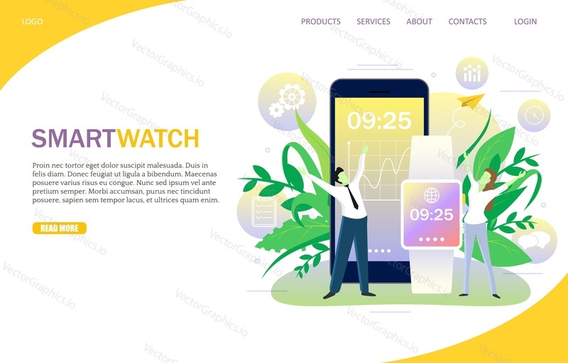 Smartwatch landing page website template. Vector illustration of smartphone and smart watch showing the same time. Smart digital device concept, mobile phone and smartwatch synchronization.