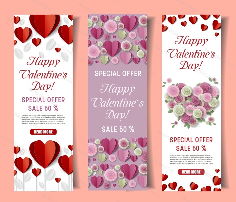 Happy Valentines day special offer banner set. Vector paper cut love banners with red and pink hearts roses. Sale and discounts concept.