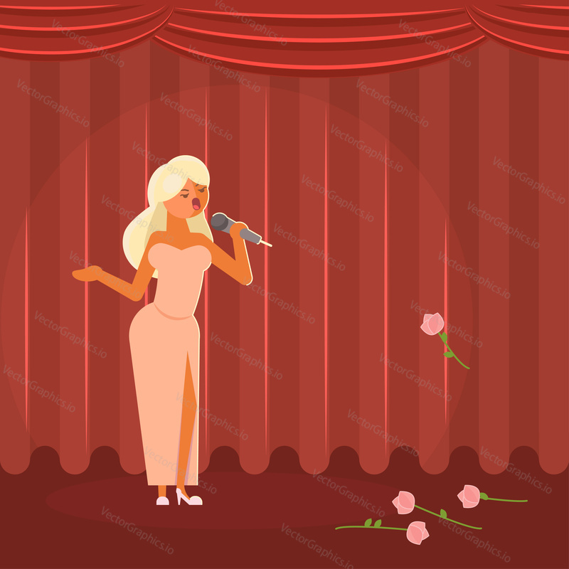 Vector illustration of theater or opera singer woman singing on stage with red curtains. Flat style design.