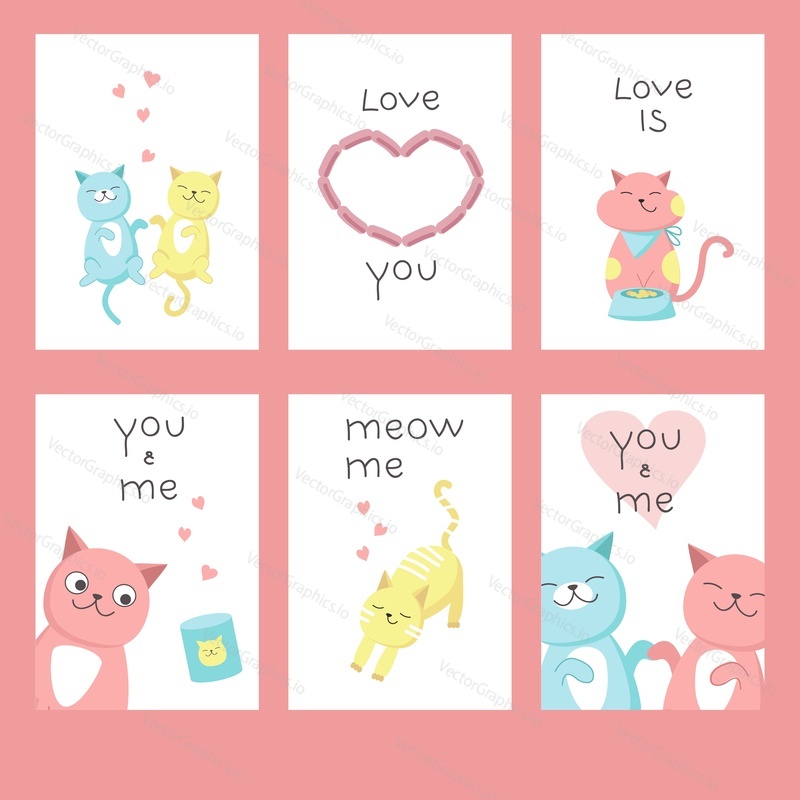 Valentine day greeting cards with cats in love, hearts, lettering calligraphy text. Vector hand drawn illustration.