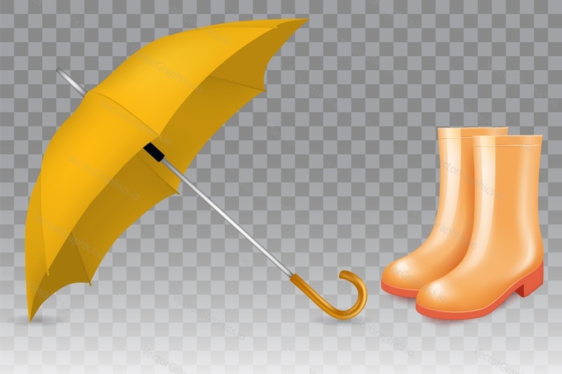Yellow umbrella and rain rubber boots. Vector realistic illustration isolated on transparent background.
