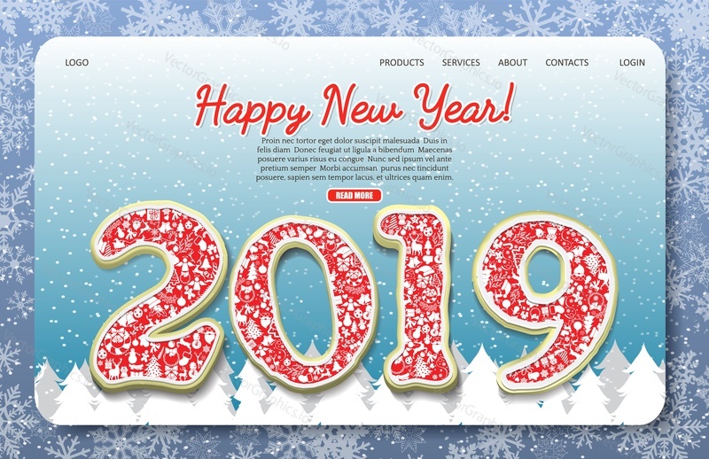 Happy New Year landing page website template. Vector illustration. Creative 2019 numbers with winter holidays pattern on blue background with snowflakes, white trees.