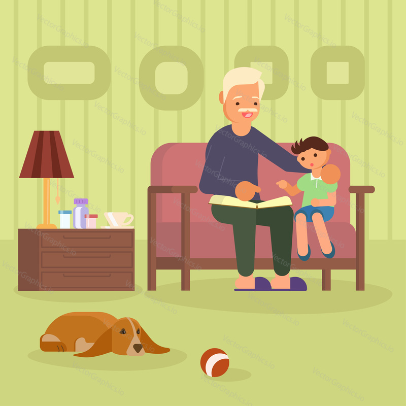 Vector illustration of grandfather and grandson reading book together while sitting on sofa and pet dog lying on carpet in living room. Flat style design.