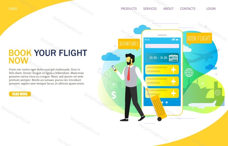 Book your flight online landing page website template. Vector illustration of passenger with luggage using smartphone to make boarding. Airline mobile booking concept.