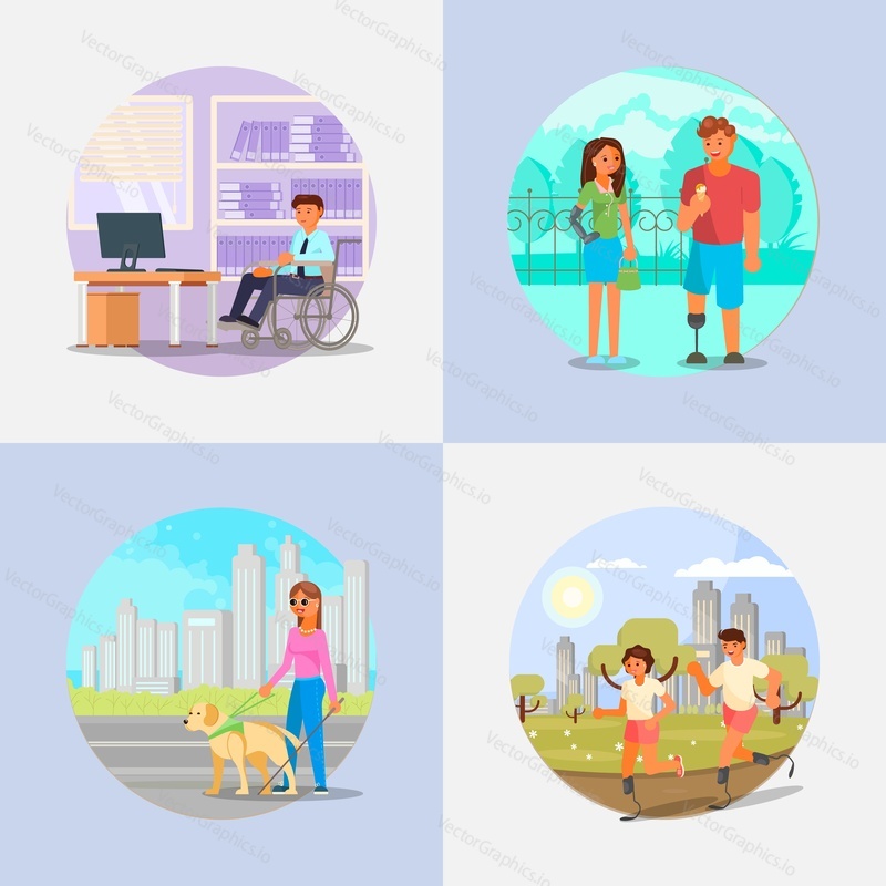 Disabled people with artificial arms and legs or prosthesis, blind woman with guide dog, man in wheelchair vector flat illustration. Handicapped active young people working, walking and doing sports.