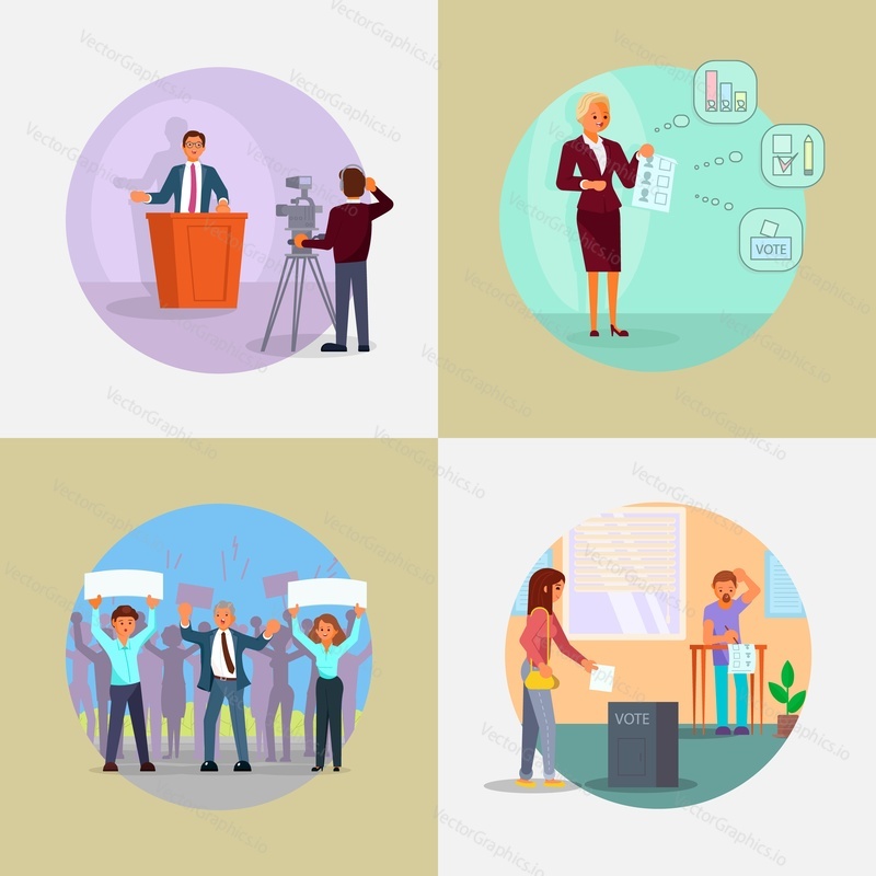 People involved in election process. Election campaign and voting vector flat illustration. Political candidate making statement, voters in polling station, pre-election agitation, picket, meeting.