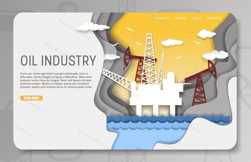 Oil industry landing page website template. Vector paper cut offshore oil platform with drilling rigs, pumps. Crude oil extraction concept.