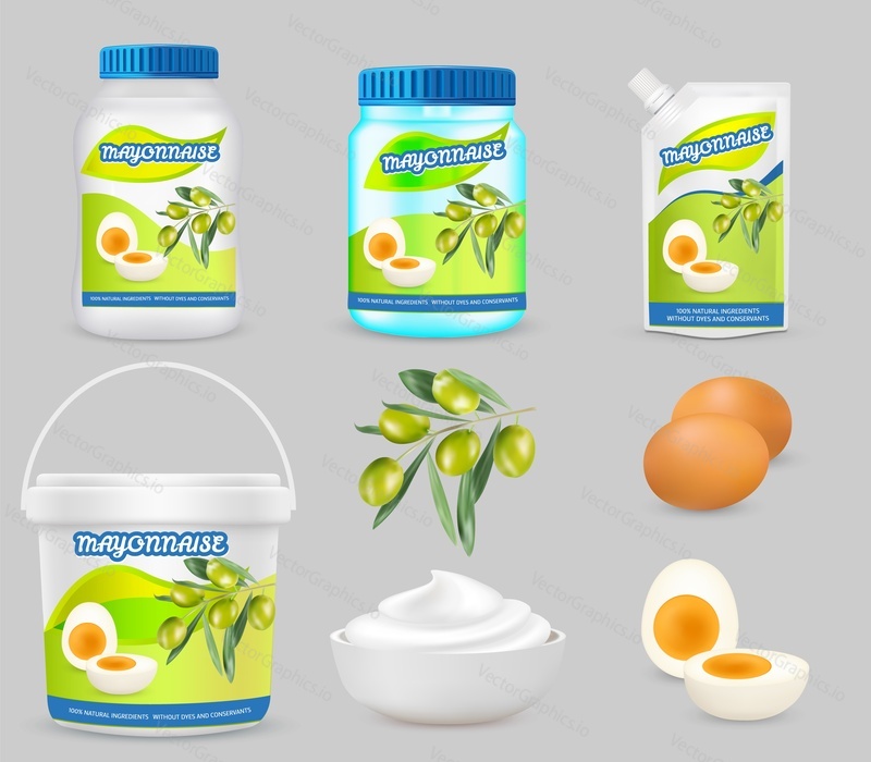 Mayonnaise package vector illustration. Mayonnaise in glass jar, plastic pouch doypack bag and bucket with caps, sauce in bowl, eggs, olives. Food product packaging with label mockup set.