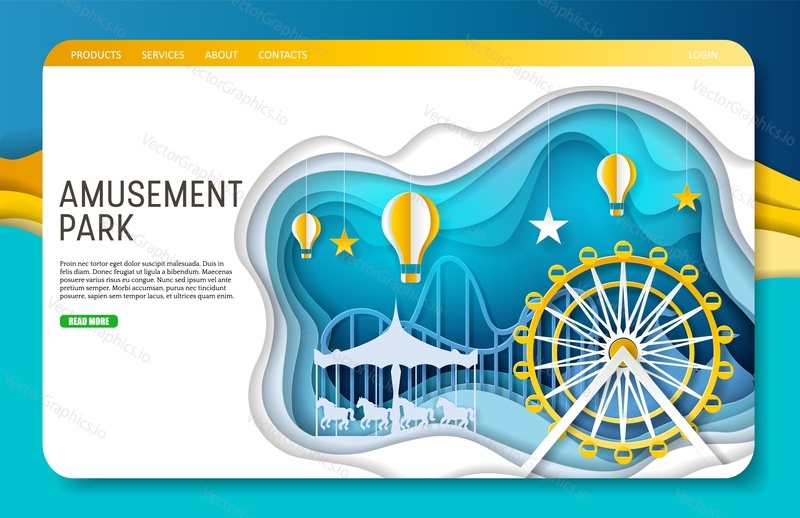 Amusement park landing page website template. Vector illustration of ferris wheel, carousel and hot air balloons in paper art style. Entertainment concept.