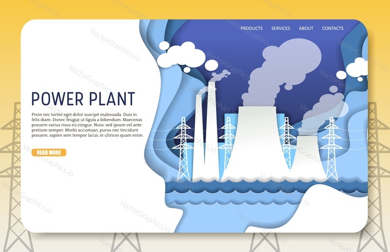 Power plant landing page website template. Vector paper cut thermal power plant station buildings with chimneys and dirty smoke. Electricity generation process, air pollution concept.