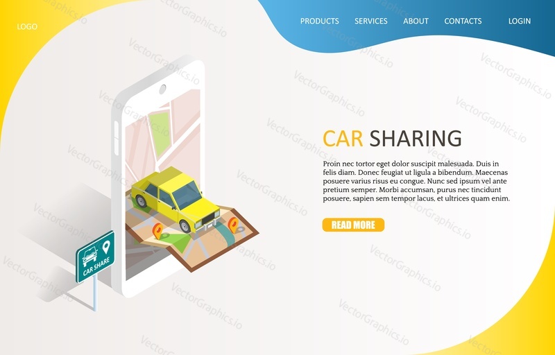 Car sharing service landing page website template. Vector isometric smartphone with map, auto for rent and car share sign. Carpooling service via smartphone with carsharing mobile app concept.