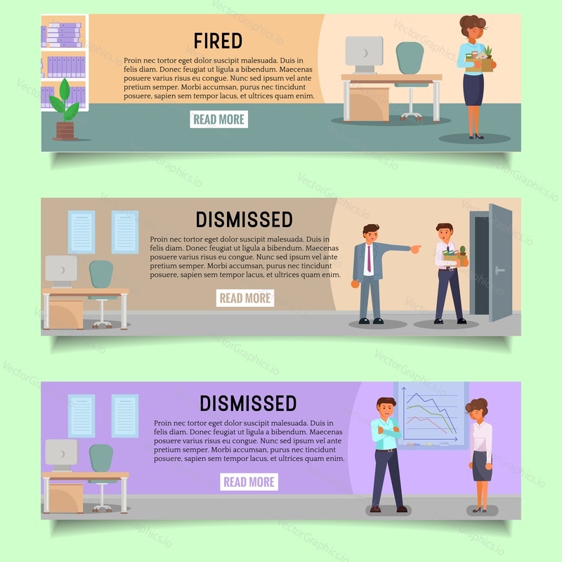 Fired people web banner template set. Vector flat illustration of sad dismissed former employees because of losing their jobs, employer pointing to the door etc. Dismissal, unemployment concept.
