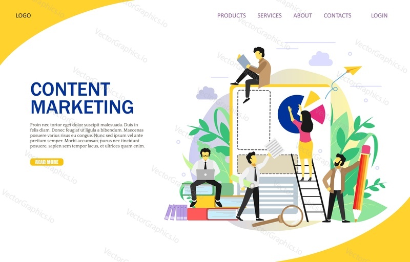 Content marketing team landing page website template. Vector flat illustration. Group of employees graphic designers, writers or video artists working at creation of content. Blog marketing.