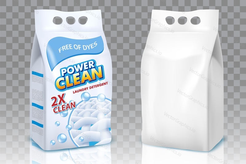 Powder laundry detergent packaging mockup set. Vector realistic illustration of washing powder bags isolated on transparent background.