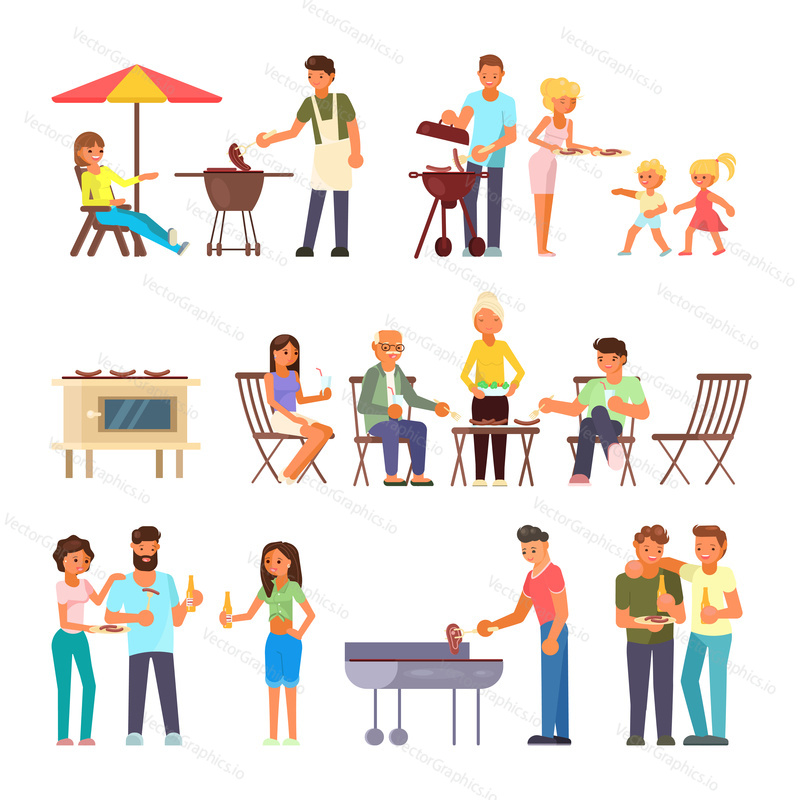 Barbecue people icon set. Vector flat illustration of people men women, families, friends making BBQ, cooking on grill and eating grilled meat, sausages, drinking beer isolated on white background.