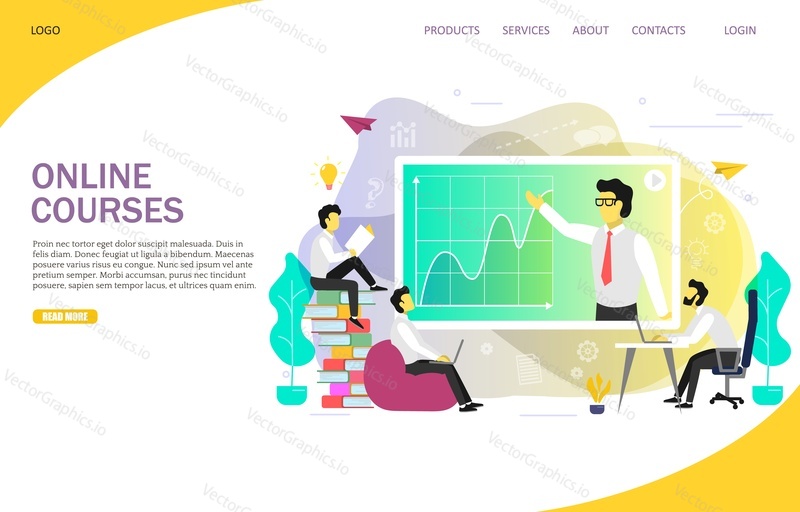 Online courses landing page website template. Vector flat illustration. Online professional training, webinar, e-learning, distance education, video tutorials concept.